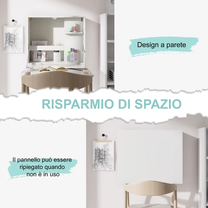 HOMCOM Scrivania a Muro Pieghevole e Salvaspazio con Ripiani, per Casa e Ufficio, in Truciolato e MDF, 60x21.5x50 cm, Bianco
