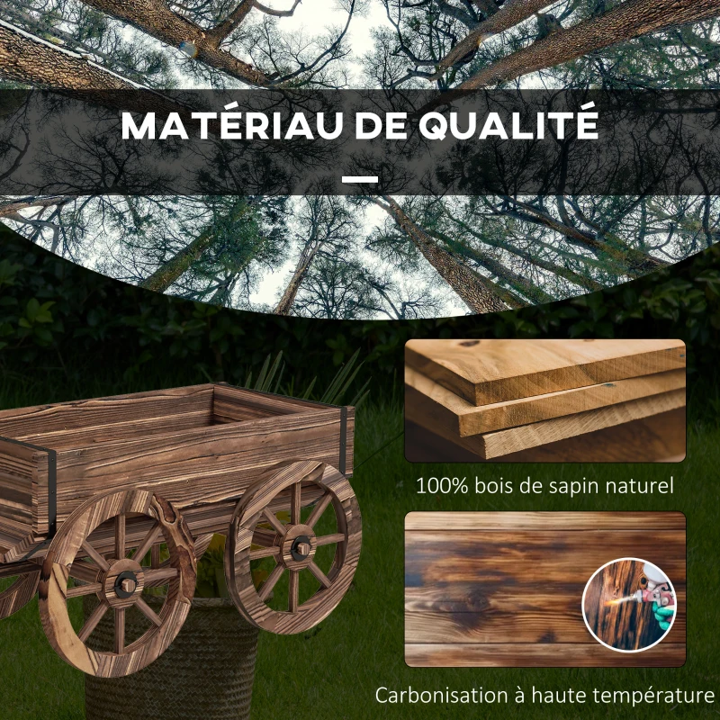 Outsunny Chariot à fleurs en bois avec roues et poignée, bac à fleurs, brouette avec trous de drainage, 120 x 41 x 54 cm, marron