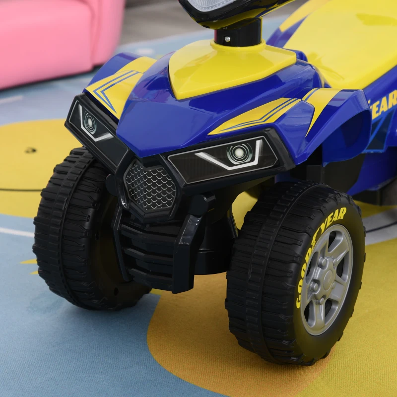 HOMCOM Quad Correpasillos con Licencia GOODYEAR para Niños Mayores de 18-36 Meses Coche Cuatrimoto con Funciones de Luces Bocina y Espacio Secreto de Almacenaje 60x31x42 cm Azul