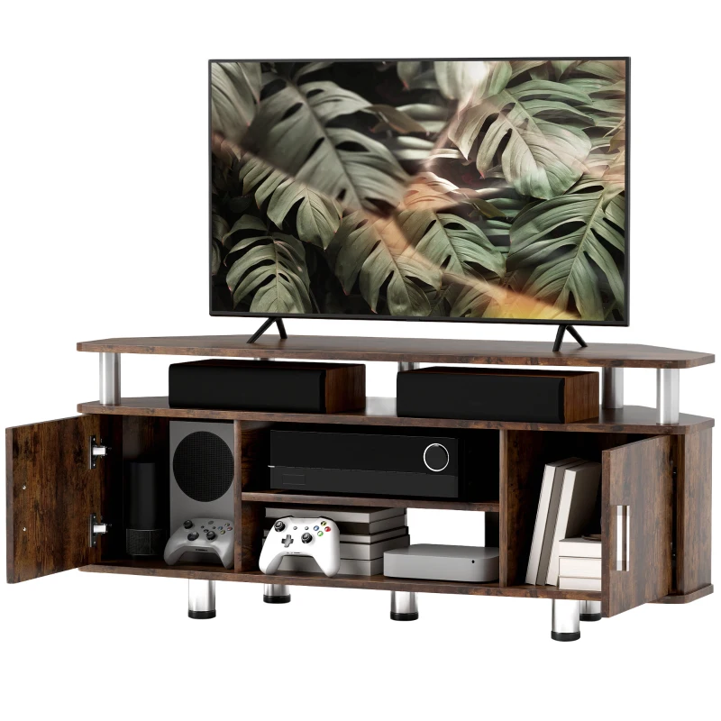 HOMCOM Meuble TV pour téléviseur jusqu'à 55 avec grand plateau, placards à portes et compartiment ouvert, marron