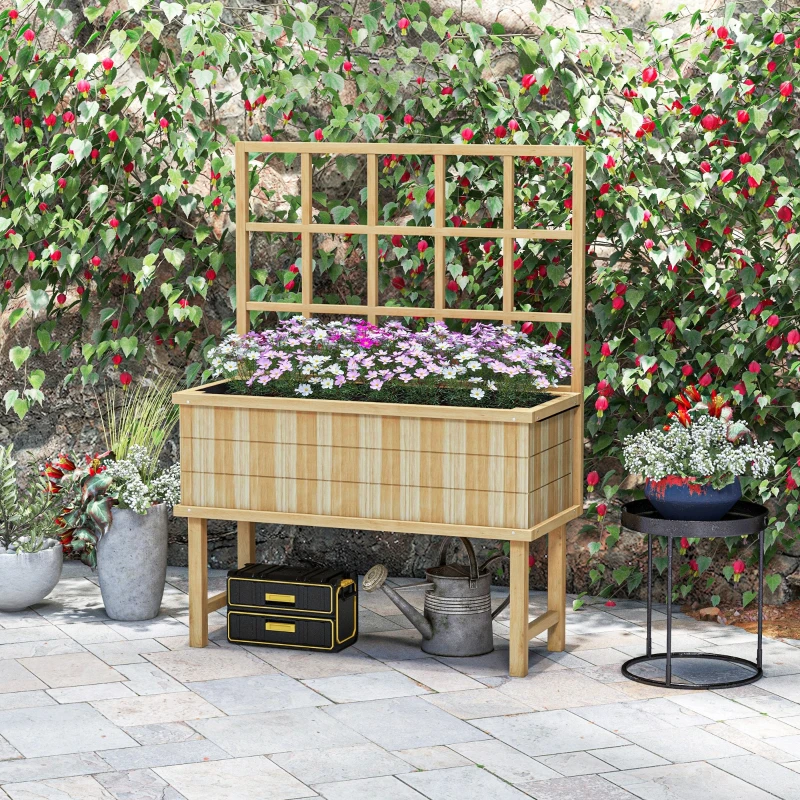Outsunny 45 x 105cm Wooden Garden Planter, with Trellis - Natural