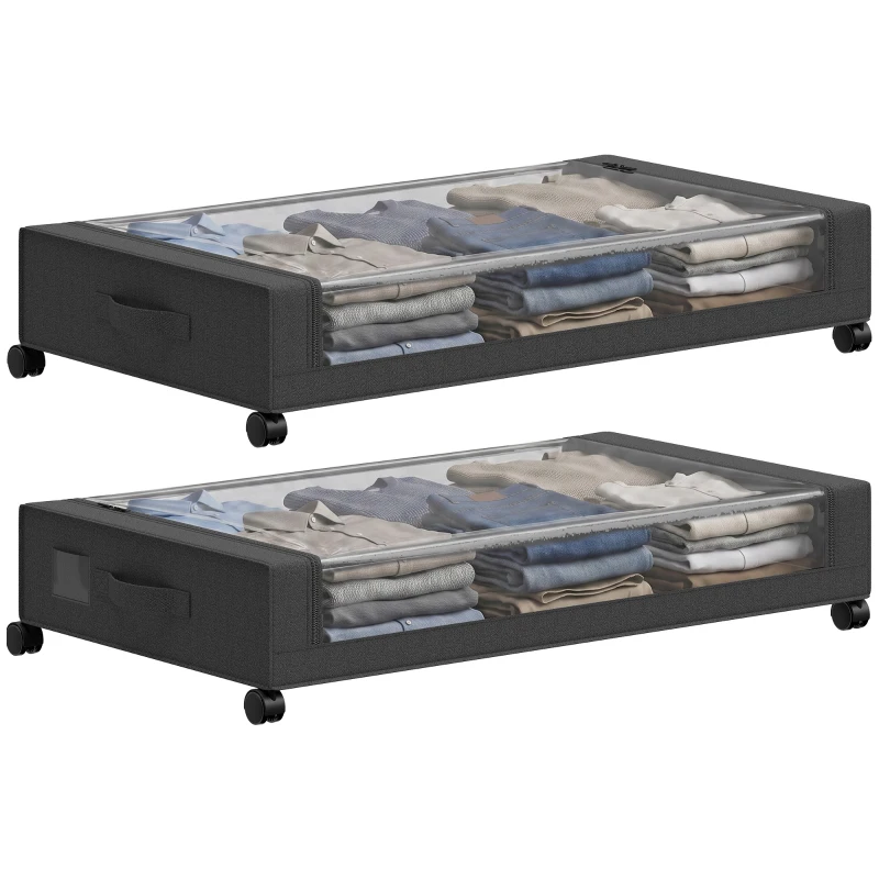 HOMCOM Boîte de Rangement sous Lit à Roulettes, Lot de 2, 40L, Fermeture Éclair, Cadre en Acier, Poignées, 78x44x16cm, Noir