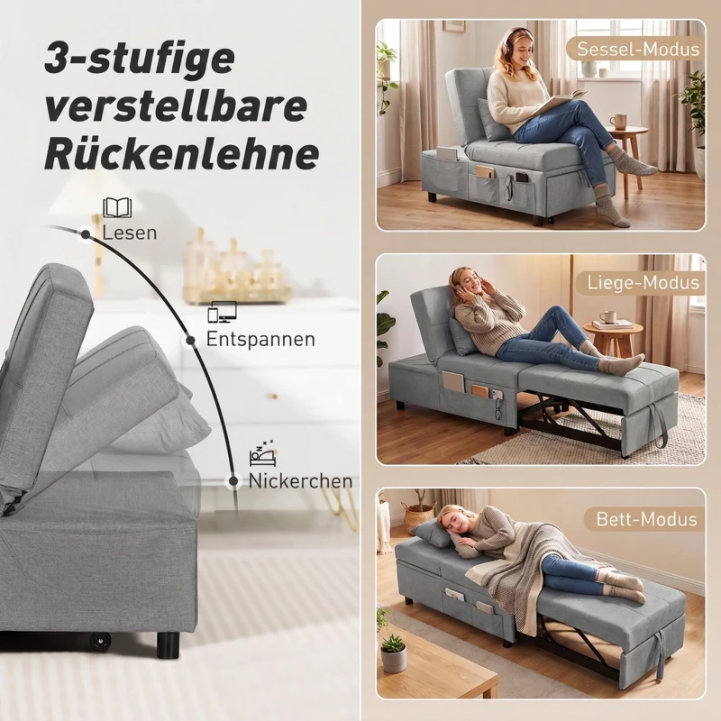 HOMCOM 4-in-1 Klappsessel mit Seitentasche, Gästebett mit Kissen, Verstellbarer Rückenlehne, Bettsessel mit Rollen, Hellgrau