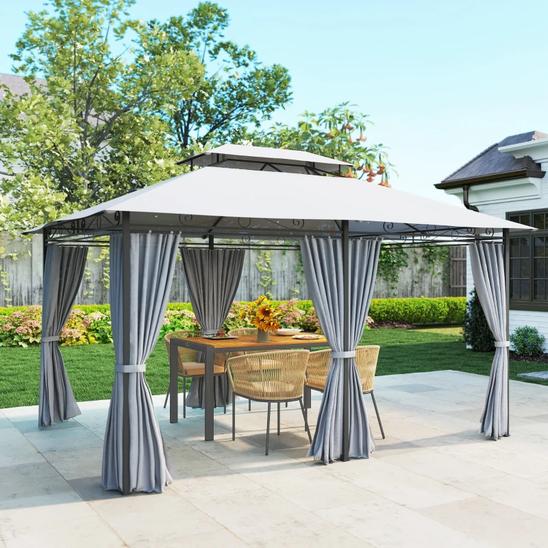 Outsunny Cenador para Jardín 3x4 m Pabellón de Jardín Gazebo con Doble Techo 6 Paredes Laterales Estructura Metálica Gris Oscuro