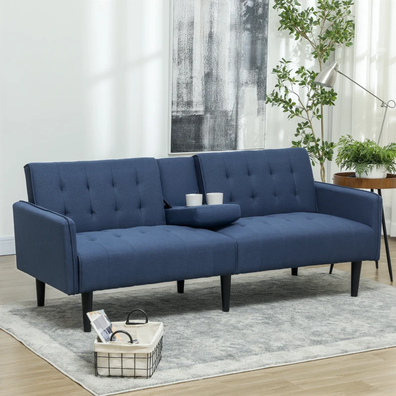 HOMCOM Three-Seater Sofa Bed, with Cupholders - Dark Blue
