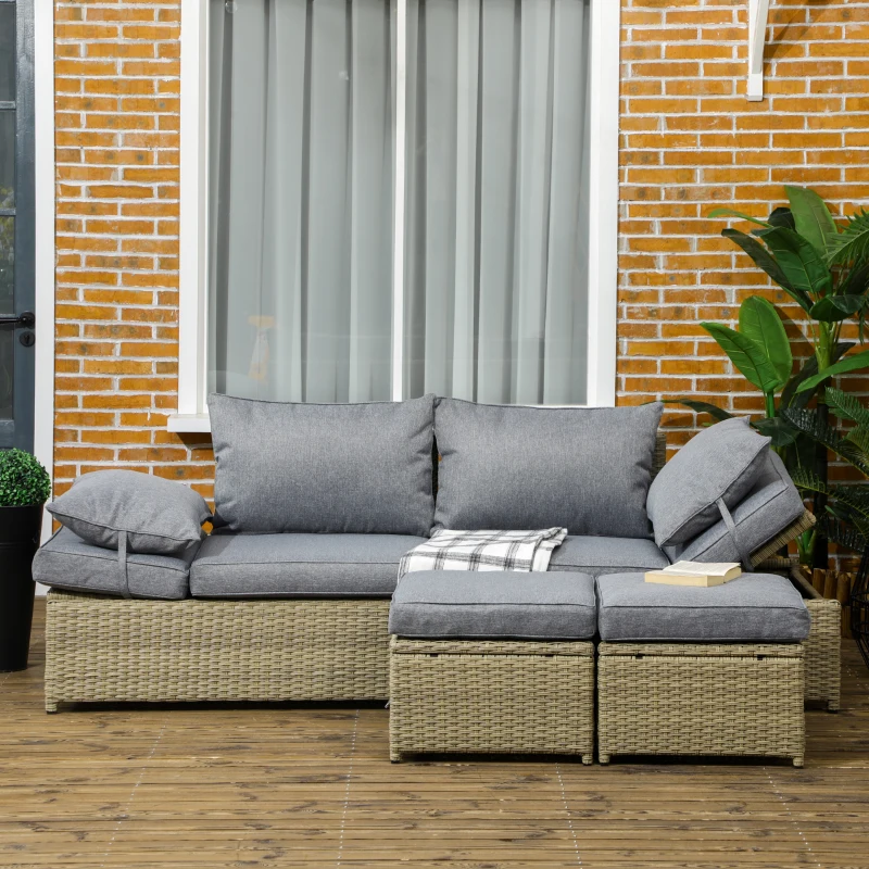 Outsunny 4-tlg. Gartenmöbelset, Rattanoptik, 2x Sofa, 2x Hocker, frei kombinierbar, Sitzkissen, dunkelgrau
