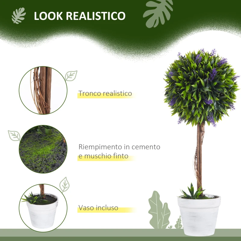 HOMCOM Set 2 Piante Artificiali Verdi a Sfera con Fiori di Lavanda e Vaso con Muschio e Cemento, Ø24x60 cm