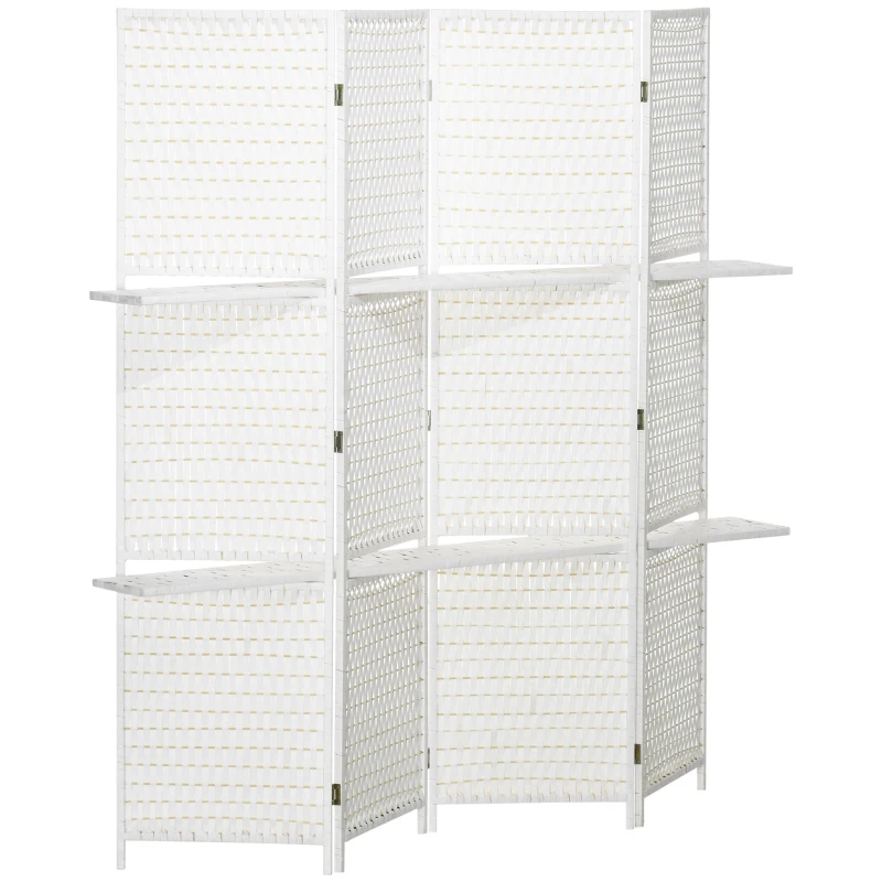 HOMCOM Biombo Separador de Ambientes Plegable con 2 Estantes de Madera de Pino y Fibra de Papel 181x180 cm Blanco