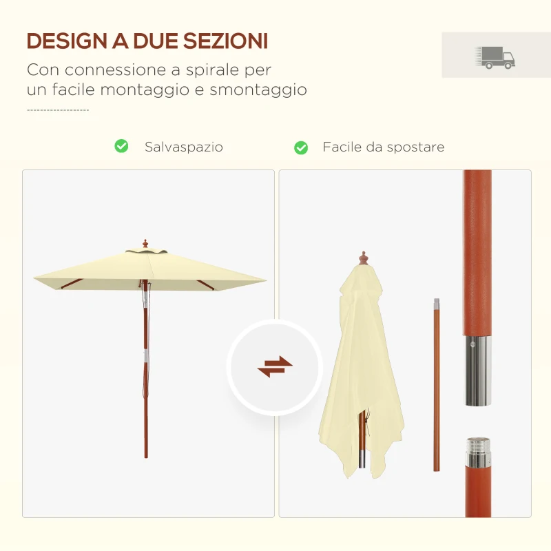 Outsunny Ombrellone Rettangolare Inclinabile 2x1.5 m con 6 Stecche e Apertura a Corda, in Bambù e Poliestere Beige