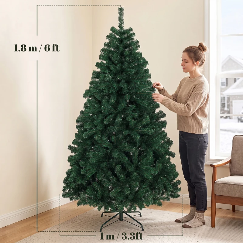HOMCOM 6ft Artificial Christmas Tree, Fir Hinged Xmas Tree with 700 Branch Tips, Foldable Steel Stand, Green