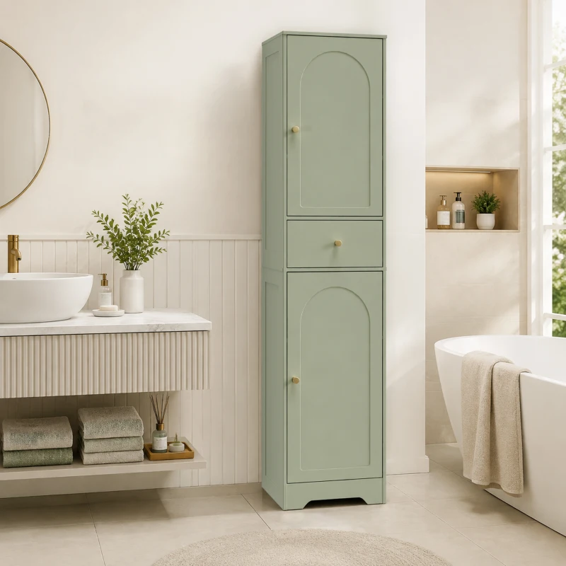 HOMCOM Tall Bathroom Cabinet with Arched Doors - Light Green
