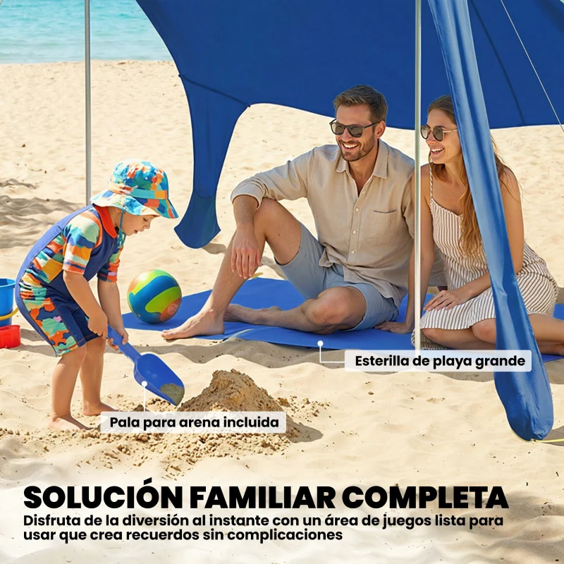 Outsunny Carpa Playa Plegable con Esterilla UPF50+ Postes de Aluminio Pala Estacas y Bolsa de Transporte Azul