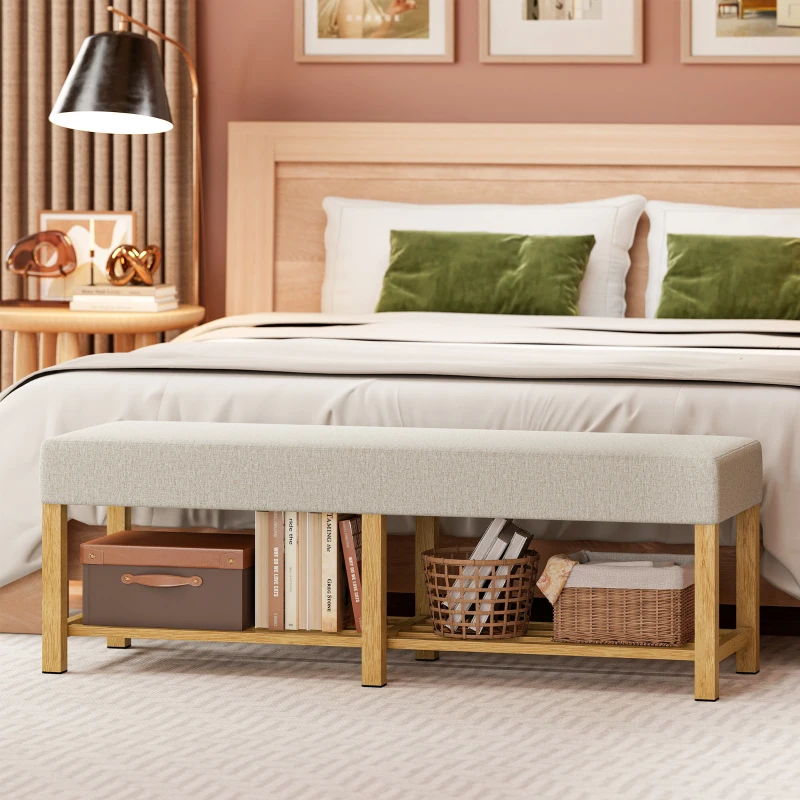HOMCOM Banco Zapatero con Asiento Acolchado 2 Personas Estante Abierto Marco de Madera 140x44x48 cm Crema y Madera Natural
