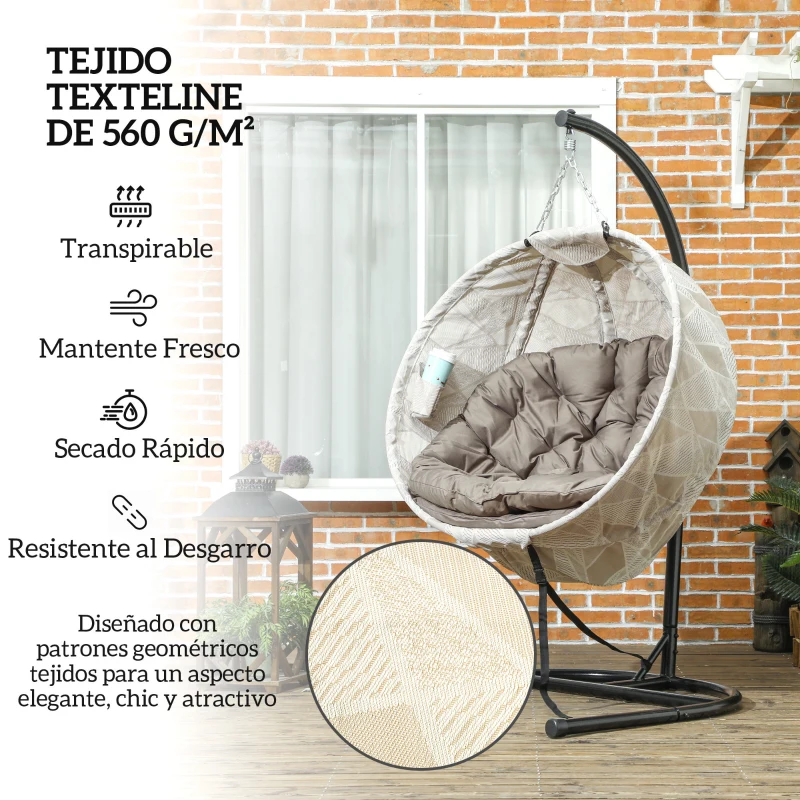 Outsunny Silla Colgante con Soporte Cesta Plegable de Malla Doble Cojín para Interior y Exterior Carga 120 kg Arena y Negro