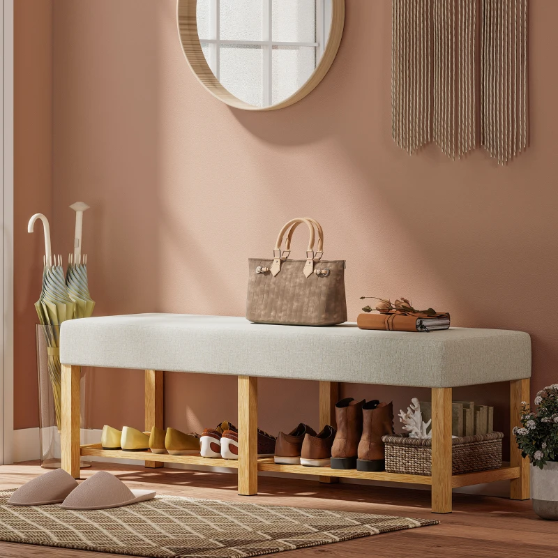HOMCOM Banco Zapatero con Asiento Acolchado 2 Personas Estante Abierto Marco de Madera 140x44x48 cm Crema y Madera Natural