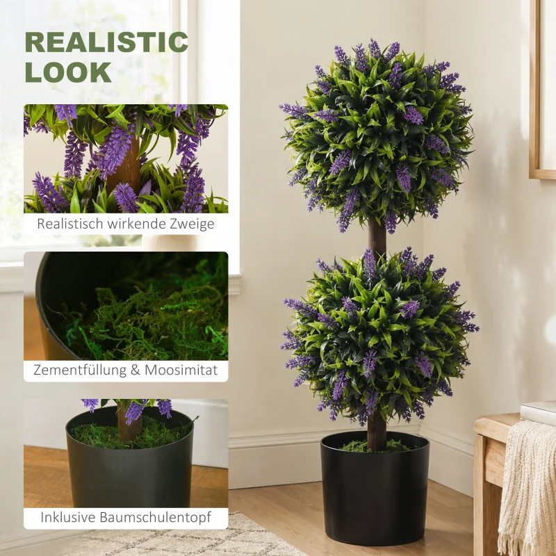 HOMCOM Set of 2 Artificial Plants, Lavender Flowers Ball Trees with Pot, for Home Indoor Outdoor Decor, 70cm
