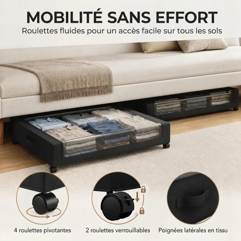 HOMCOM Boîte de Rangement sous Lit à Roulettes, Lot de 2, 40L, Fermeture Éclair, Cadre en Acier, Poignées, 78x44x16cm, Noir