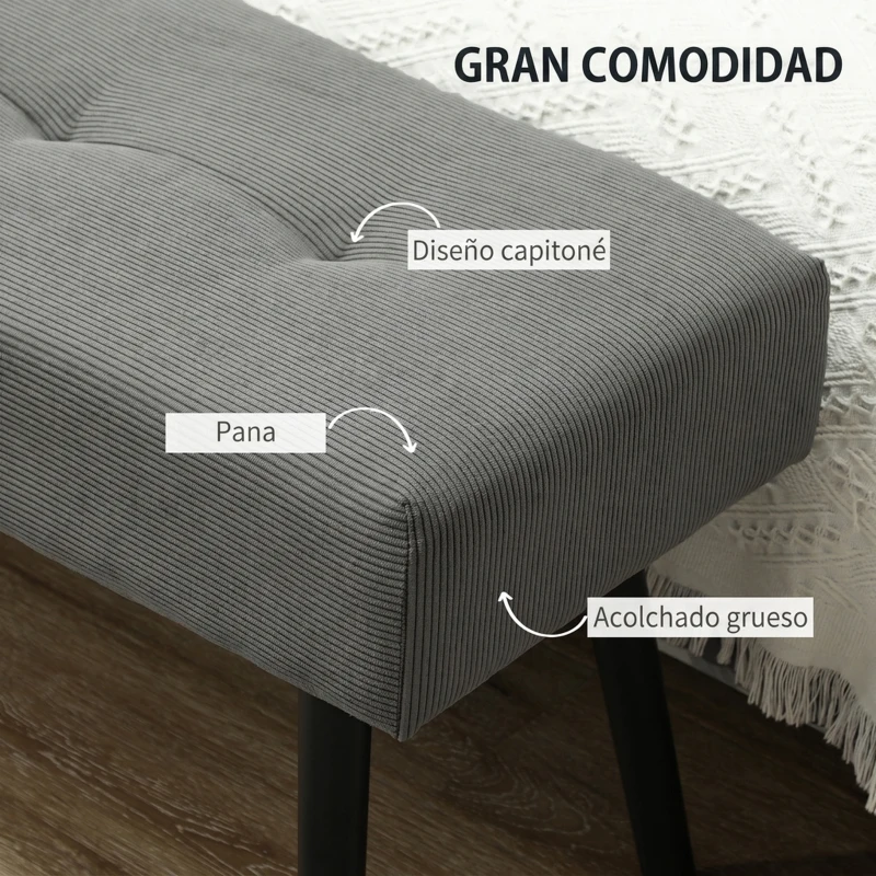 HOMCOM Banco Pie de Cama Tapizado en Pana con Asiento Acolchado Diseño Capitoné y Patas de Acero para Dormitorio Gris
