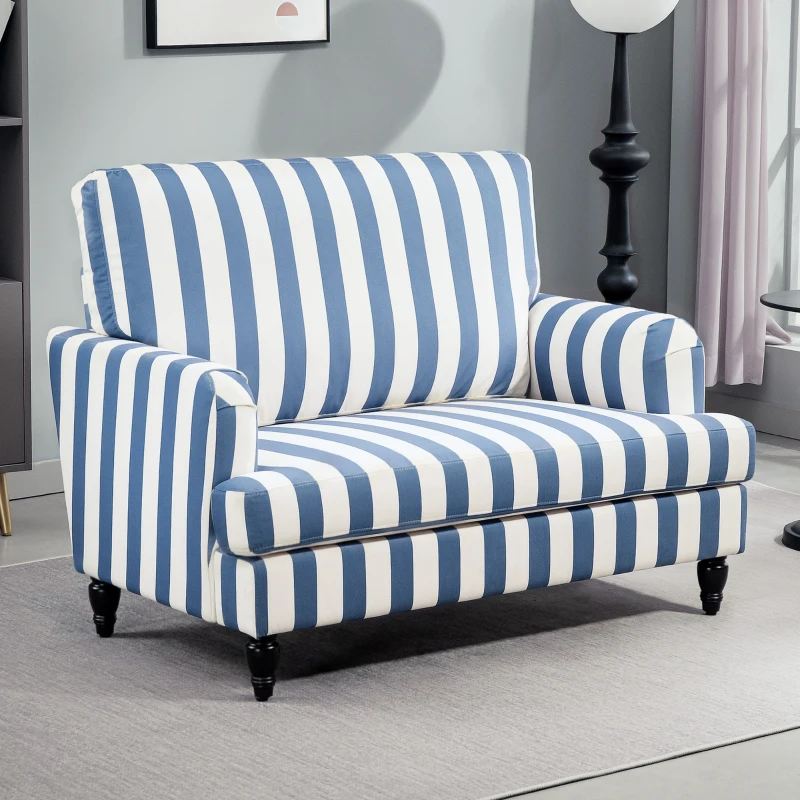 HOMCOM Modern Cuddle Chair, Velvet Single Sofa Armchair with Stripe, Turned Legs and Wide Seat, Upholstered Snuggle Chair for Living Room, Bedroom, Blue and White