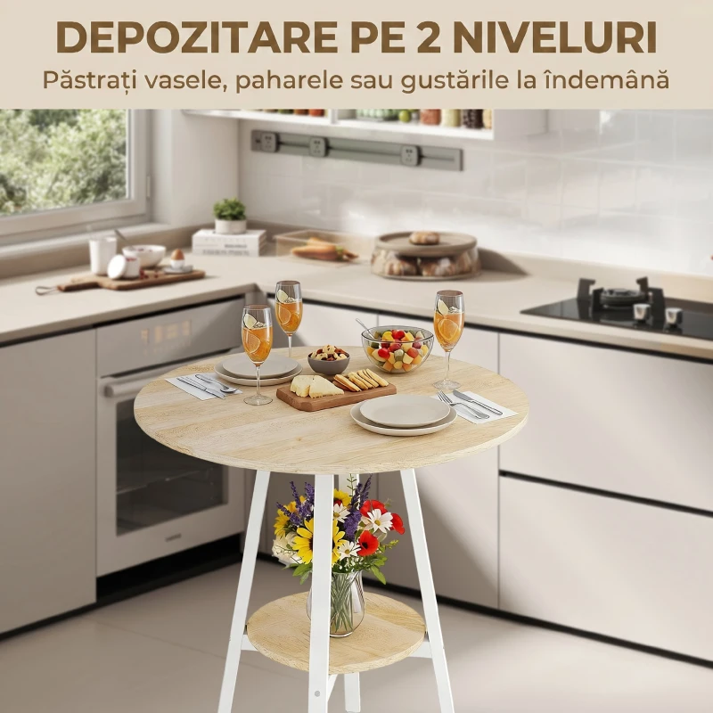 HOMCOM Masă Înaltă Rotundă cu Raft, Masă Modernă pentru Bucătărie sau Dining, PAL, Metal, Lemn Natural și Alb