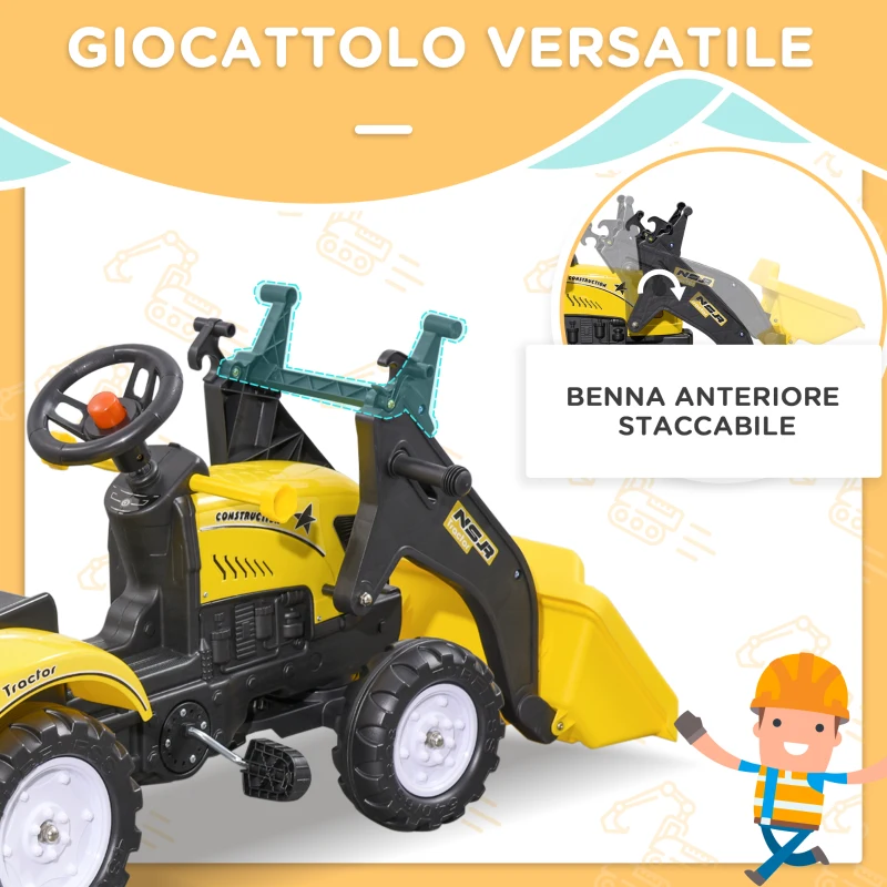 HOMCOM Escavatore a Pedali per Bambini da 3 Anni con Ruspa Frontale, Rimorchio e 6 Ruote, Giallo