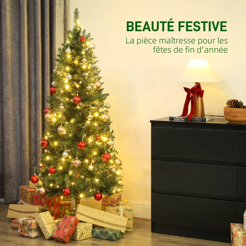 HOMCOM Sapin de Noël artificiel 150 cm, arbre de Noël fin avec 170 lumières, 635 pointes, support en métal pliable, vert