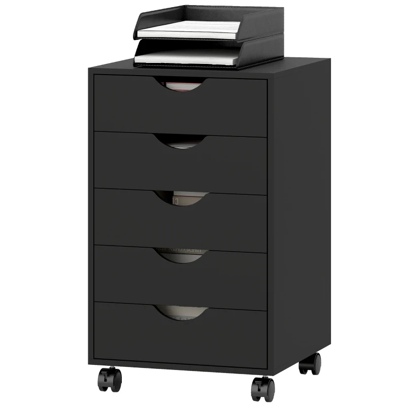 HOMCOM Cajonera de Oficina con Ruedas y 5 Cajones, Mueble Archivador para Estudio y Salón, 40x40x67 cm, Negro