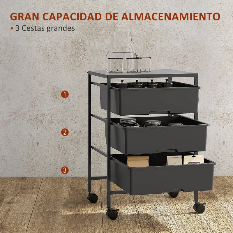 HOMCOM Carrito Auxiliar con Ruedas con 3 Cestas para Almacenamiento y Marco de Acero para Cocina Baño 40,8x33,5x60,5 cm Negro