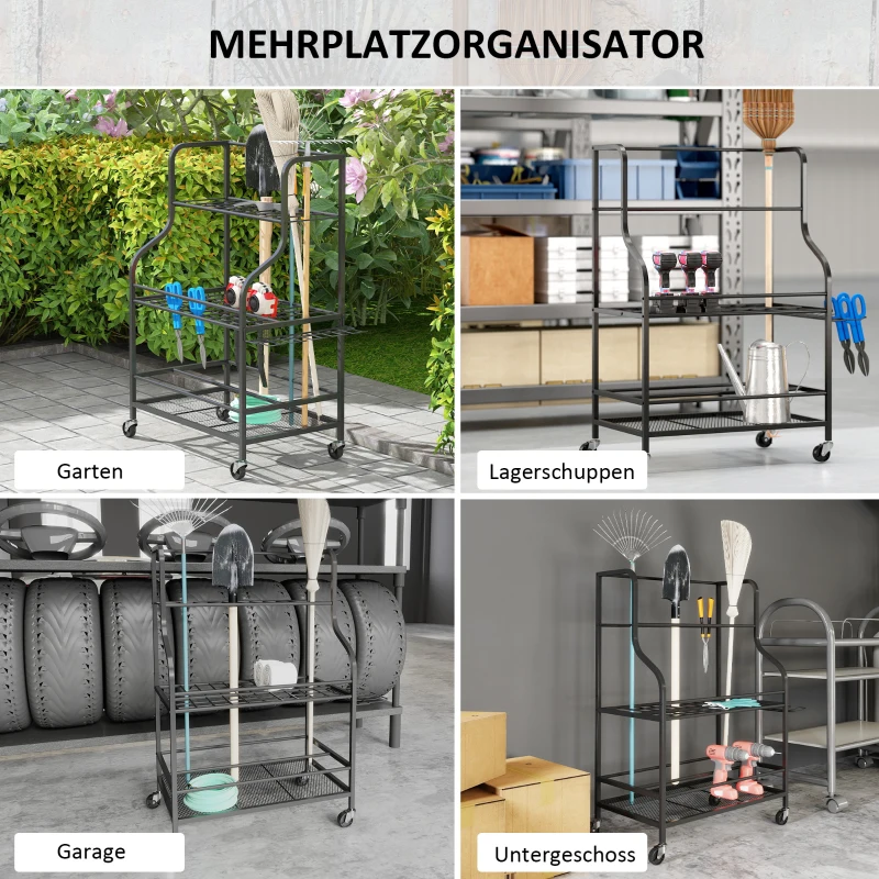 Outsunny Tuin Gereedschapsorganizer 3-Lagen Tuingereedschapsstandaard met Haken tot 40 kg Belast 77x40x97cm Zwart