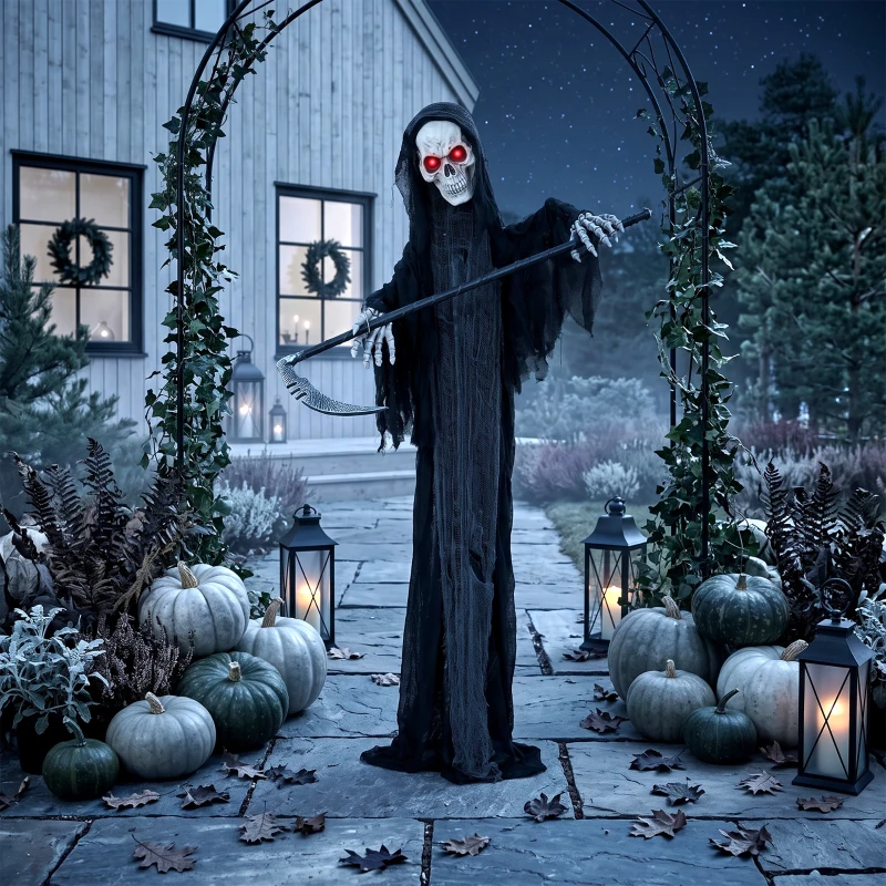 HOMCOM 183cm Life Size Animated Grim Reaper Halloween Decoration, Scary Halloween Animatronics Decor with Sound Touch Activated