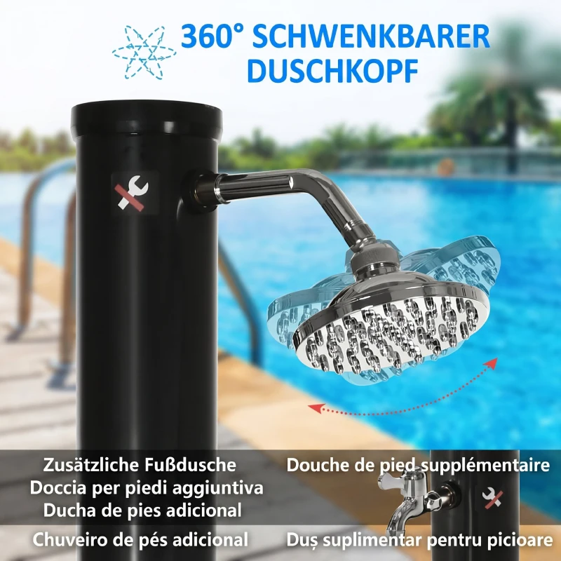 Outsunny Duș Solar de 20L cu Robinet Inferior și Temperatură Reglabilă, din Aliaj de Zinc, 15.5x15.5x222 cm, Negru
