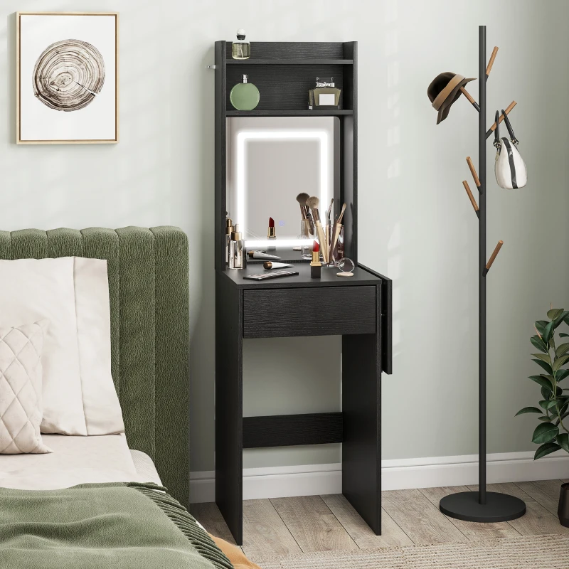 HOMCOM Small Vanity Desk with Mirror and LED Lights, Compact Dressing Table with Drop Leaf, Open Shelves and Drawer, Black