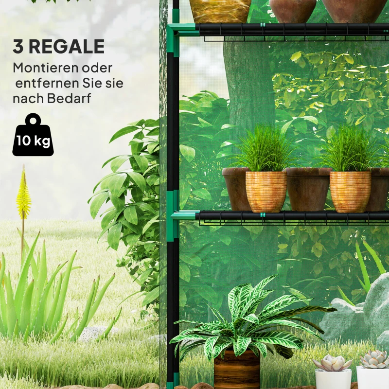 Outsunny Kas met Schappen, Mini-Kas, UV-bestendig, Netramen, Ritssluitingdeur, 143L x 74B x 190H cm, Groen