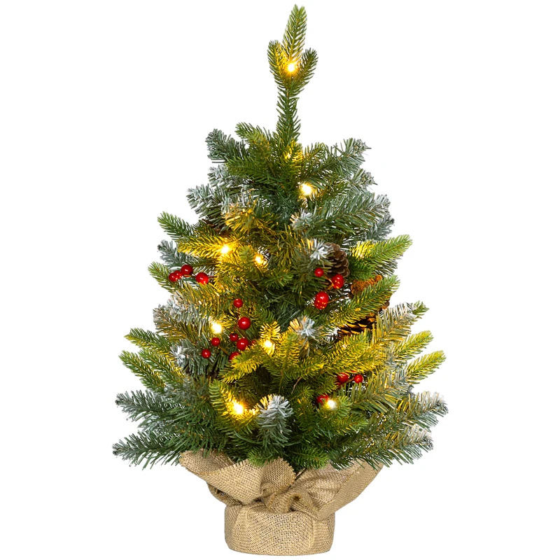 HOMCOM Brad de Crăciun de masă 60 cm cu 20 lumini LED 141 ramuri 5 conuri 5 buchete de bobițe roșii și suport metalic Verde