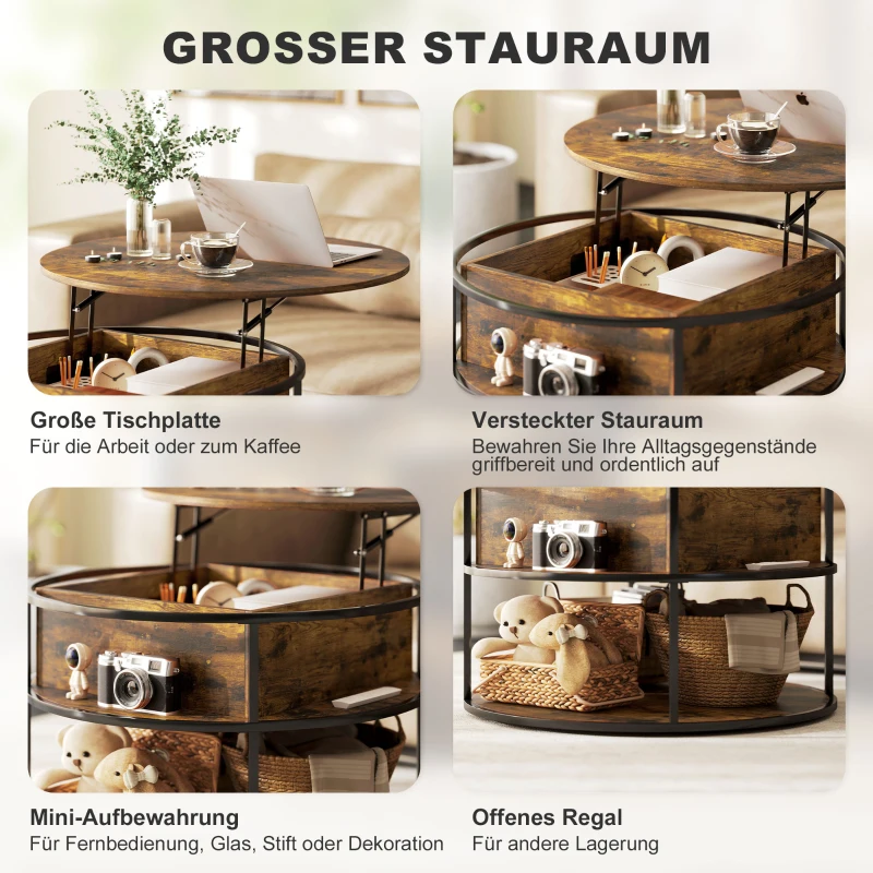 HOMCOM Ronde koffietafel met opklapbaar tafelblad, opbergruimte, zijplanken en stalen frame, bruin(m-5)