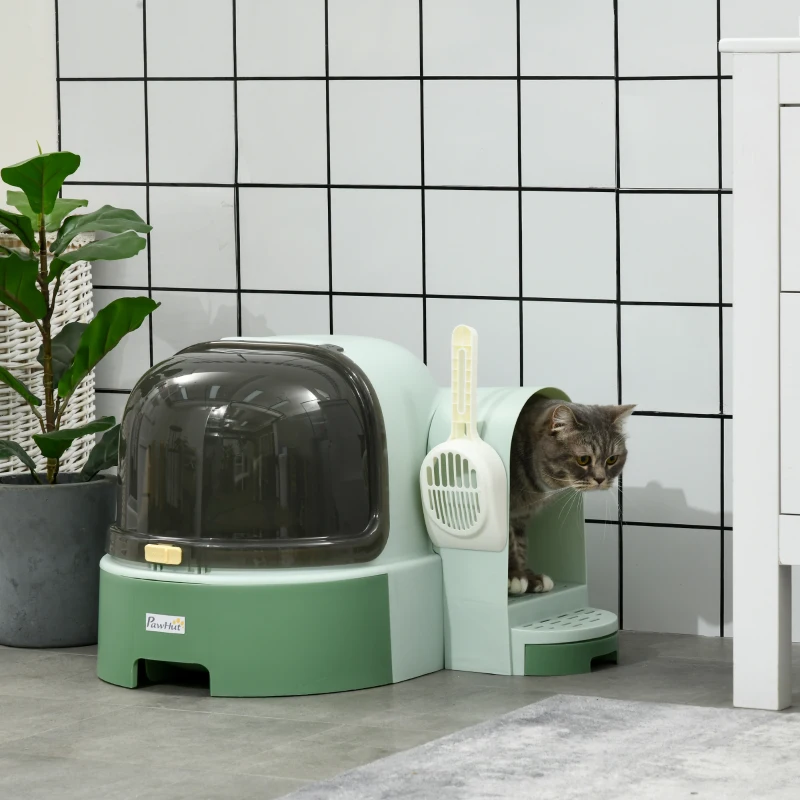 PawHut Kattenbak, 2 uittrekbare vloerbakken, 1 schep, kattenbak, afneembare hoes, groen+ zwart