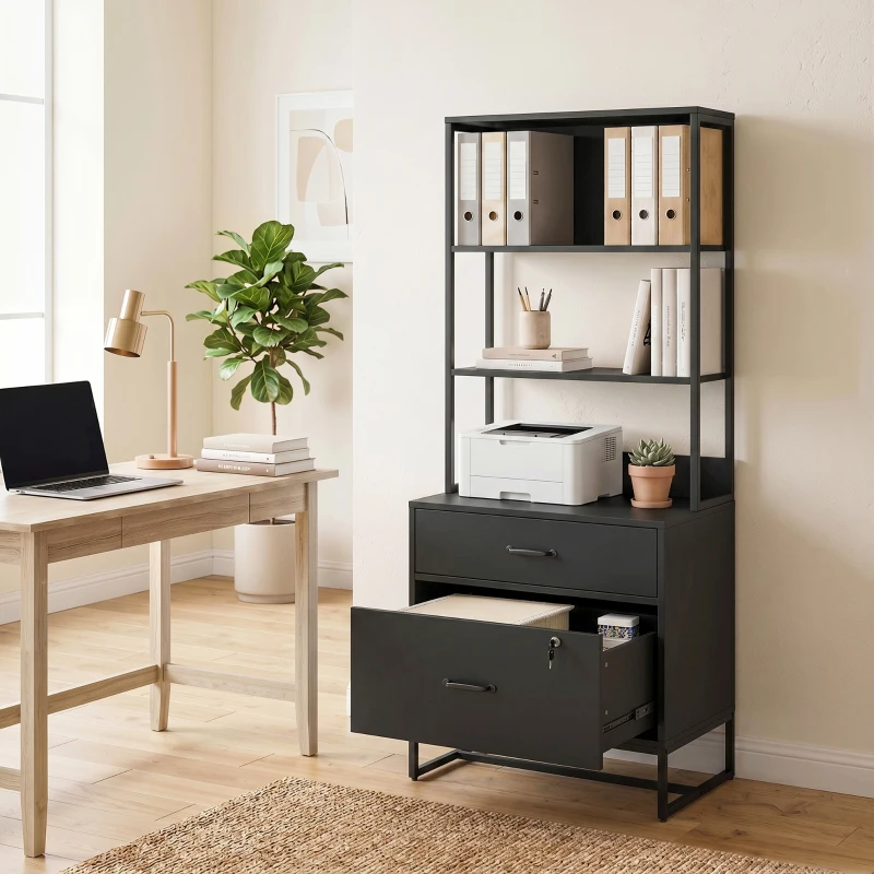HOMCOM Archiefkast met lades – verticale opbergkast met boekenrek voor A4, Letter en Legal, zwart