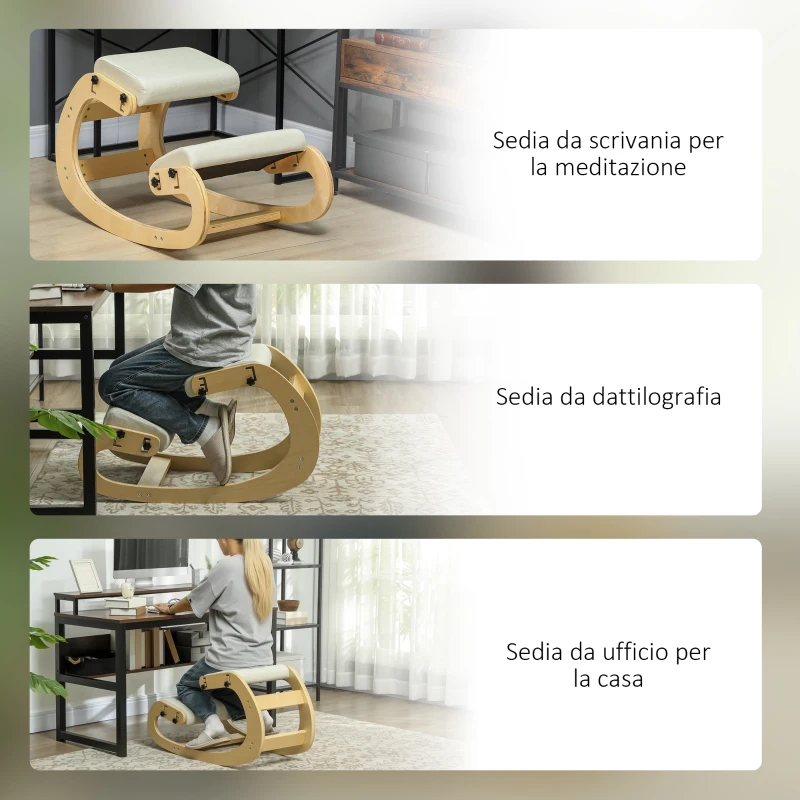HOMCOM Sedia Inginocchiatoio Regolabile in 6 Posizioni, in Tessuto Effetto Lino e Legno di Betulla, 55x85x55 cm, Crema
