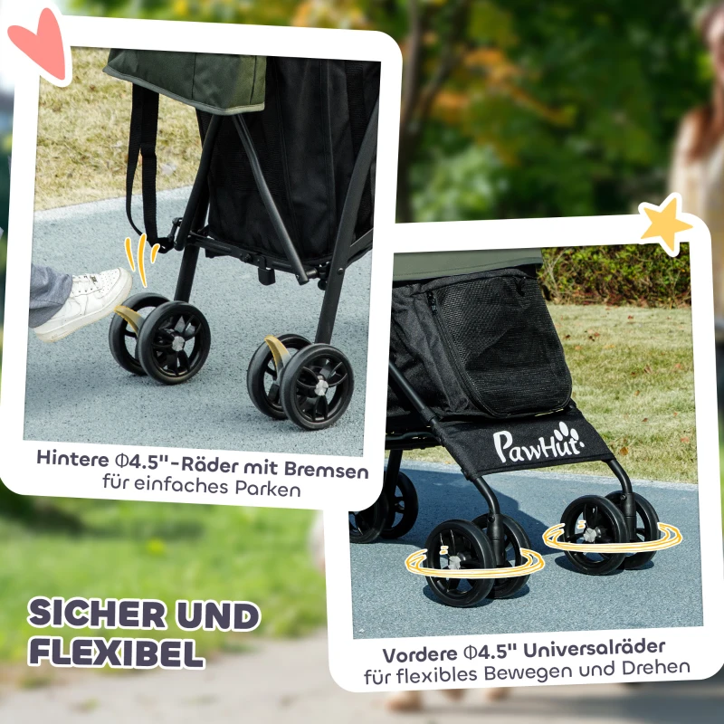 PawHut Huisdierenwagen met Veiligheidslijnen, Netramen, 76L x 44B x 103H cm, Donkergroen
