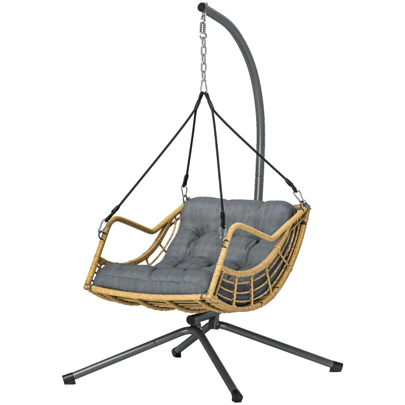 Outsunny Fauteuil suspendu en résine tressée avec support, chaise suspendue, coussin, attache de sécurité, hauteur réglable, gris