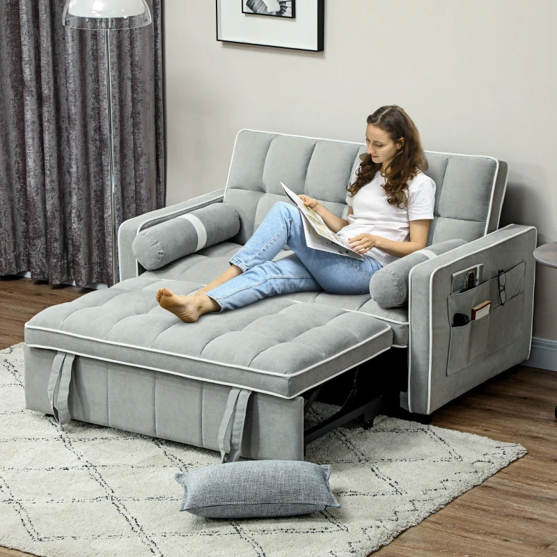 HOMCOM Two-Seater Linen-Look Sofa Bed - Light Grey