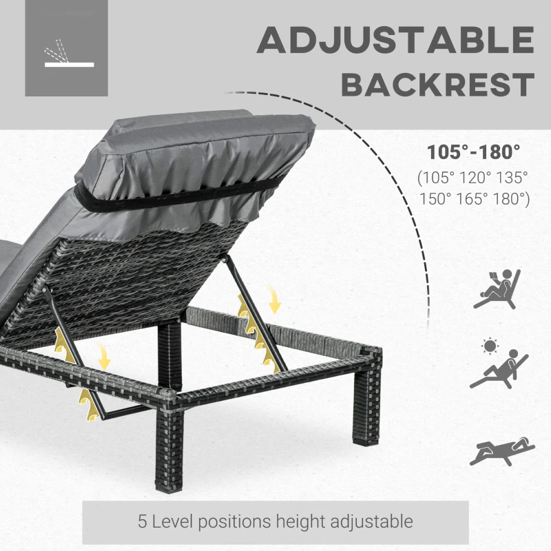 Outsunny 2 Pieces Outdoor PE Rattan Sun Loungers set of 2 with Cushion, Garden Wicker Sunbed Furniture with 5 - Level Recliner Backrest, Grey