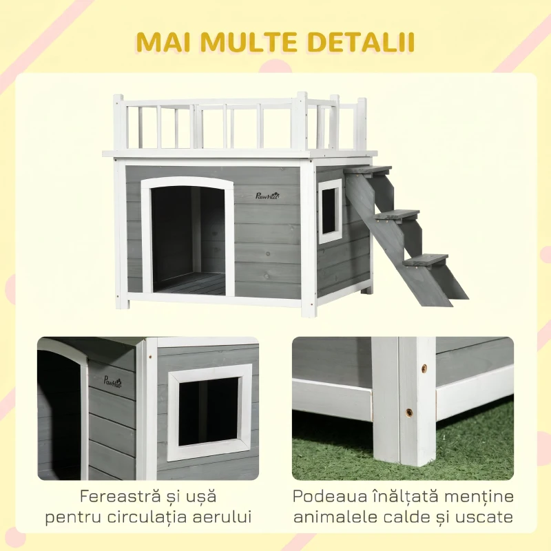 PawHut Cusca de exterior pentru caini cu balcon, scari, Cusca pentru caini rezistenta la intemperii cu picioare inaltate, ferestre, pentru caini de talie mica si medie