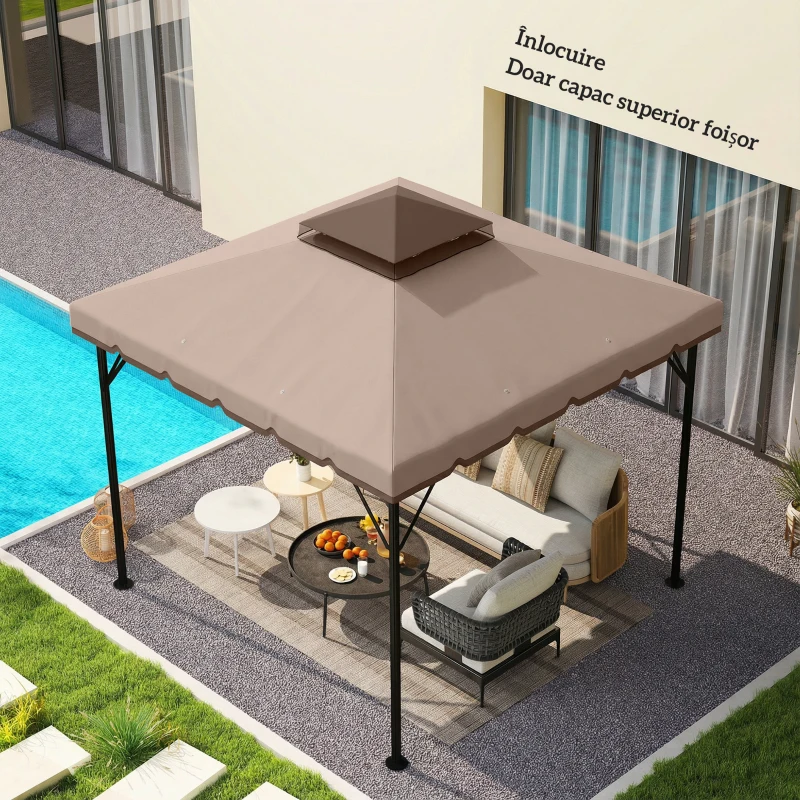 Outsunny Acoperire pentru pavilion 3x3 m, cu 2 niveluri și 8 orificii de drenaj, din poliester, bej și maro