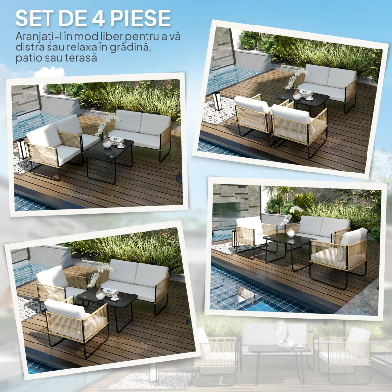 Outsunny Set de Grădină 4 Piese din Ratan și Oțel cu Canapea, 2 Fotolii de Exterior și Măsuță Joasă, Multicolor