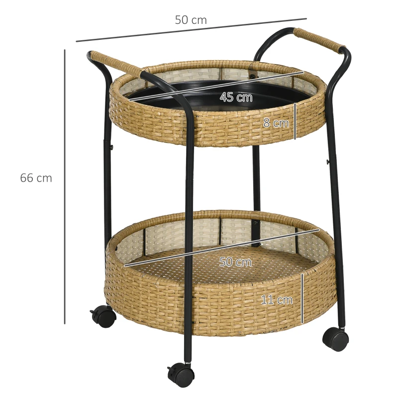 Outsunny Buitenserveerwagen, 2 niveaus, remmen, polyrattan, metalen frame, Φ50 x 66H cm, Geel