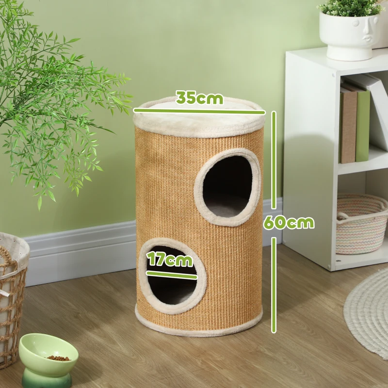 PawHut Kattenkrabton met Veel Ruimte, Pluche Overtrek, Sisal-Oppervlak, Φ35 x 60H cm, Bruin-Beige, 10 kg