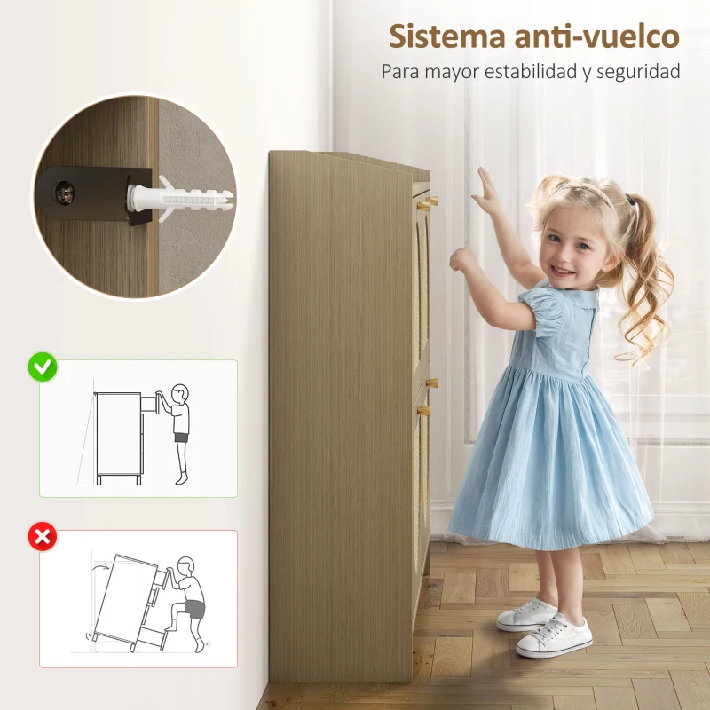 HOMCOM Zapatero Estrecho con 4 Puertas de Ratán con Estantes Ajustables para 16 Pares de Zapatos 104,5x24x88 cm Natural