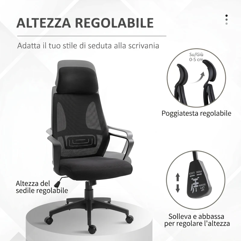 Vinsetto Sedia da Ufficio Reclinabile con Poggiatesta e Supporto Lombare, in Poliestere, 64x55x116-126 cm, Nero