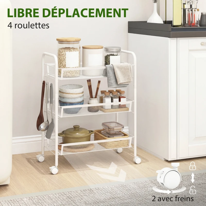 HOMCOM Chariot à 3 niveaux avec paniers desserte à roulettes chariot de rangement roulante 45 x 26,5 x 63 cm blanc